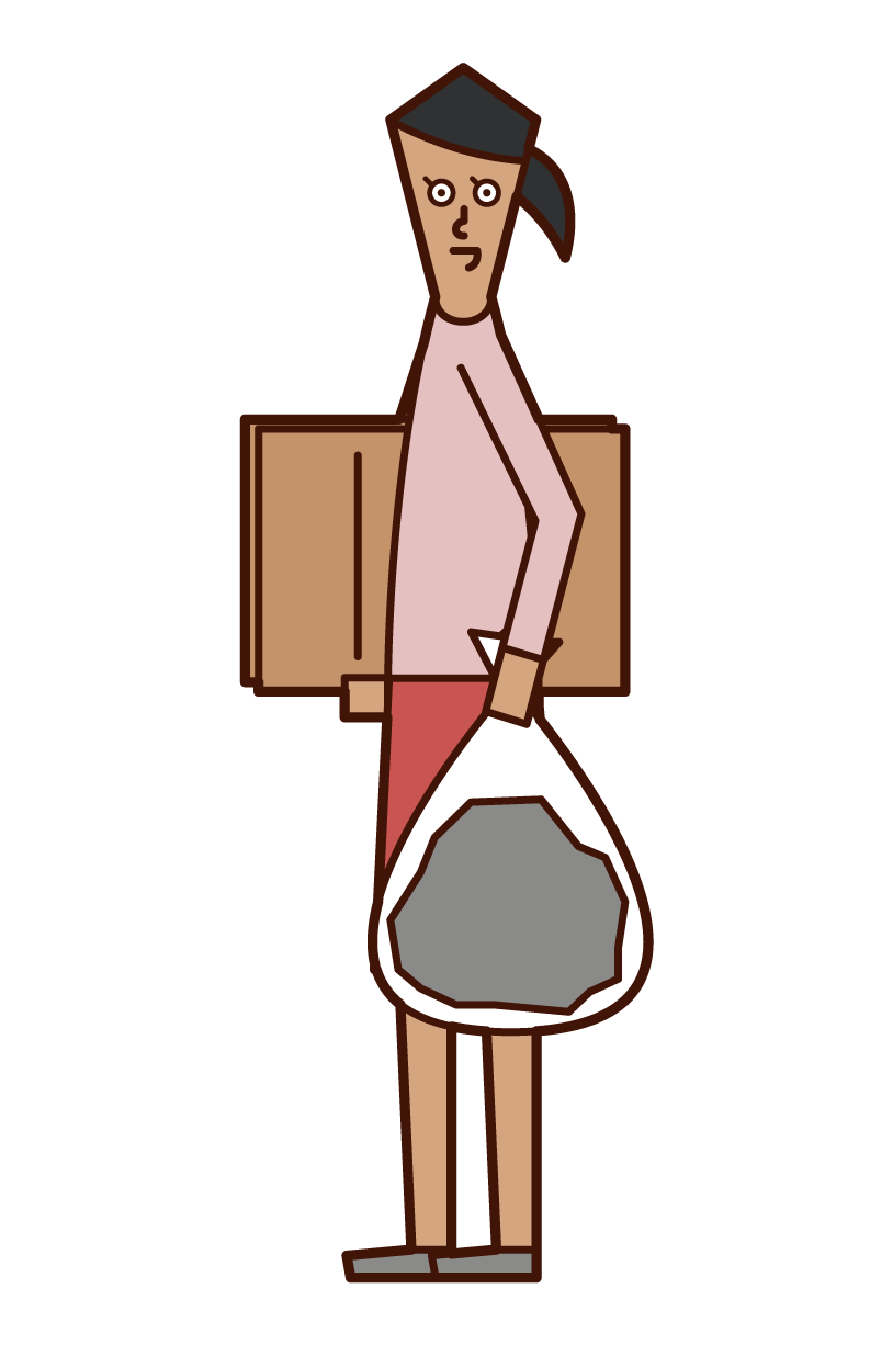 Illustration of a woman throwing away garbage and cardboard