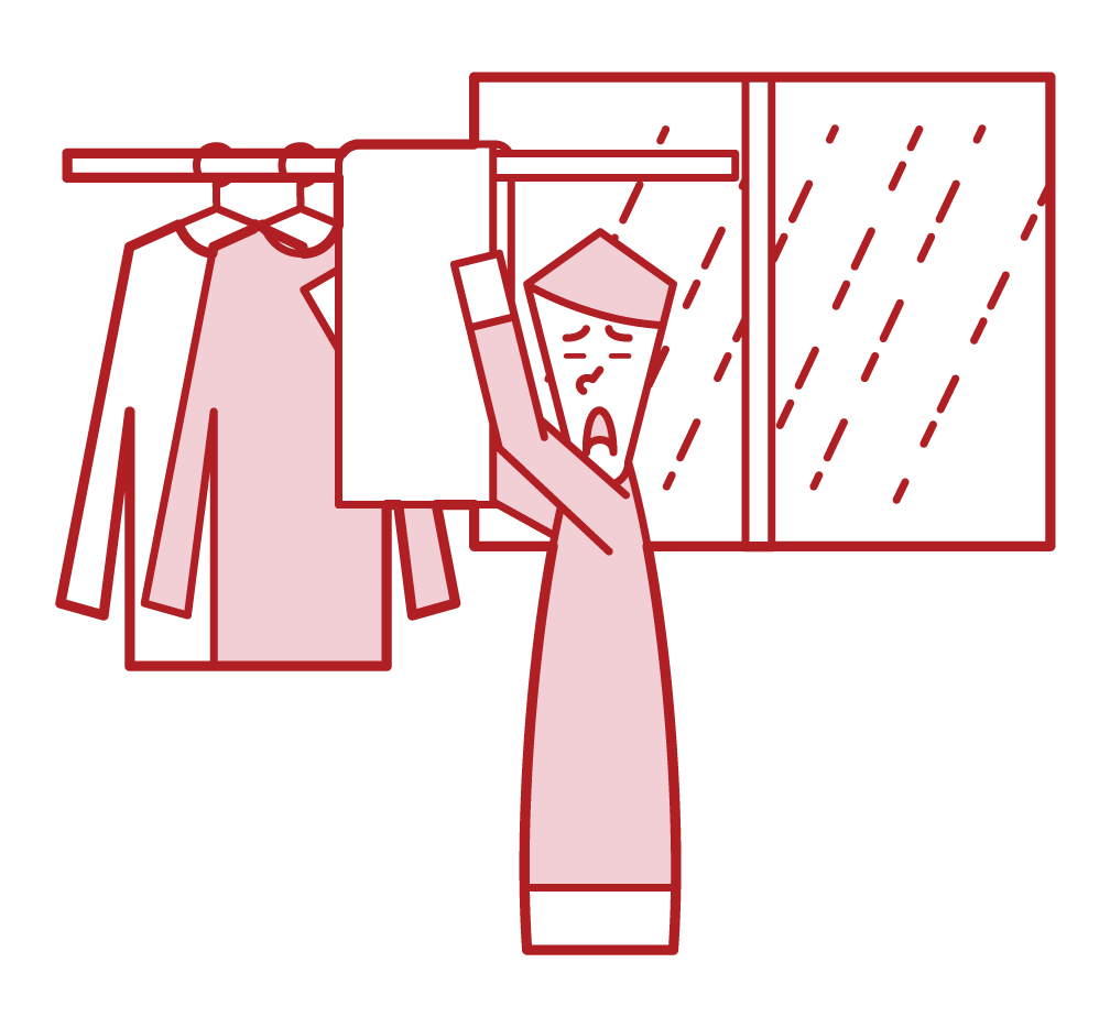 Illustration of a man drying laundry indoors