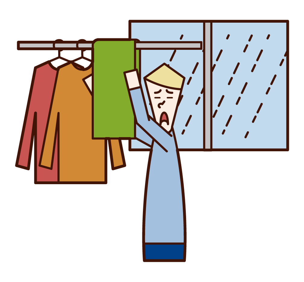 Illustration of a man drying laundry indoors