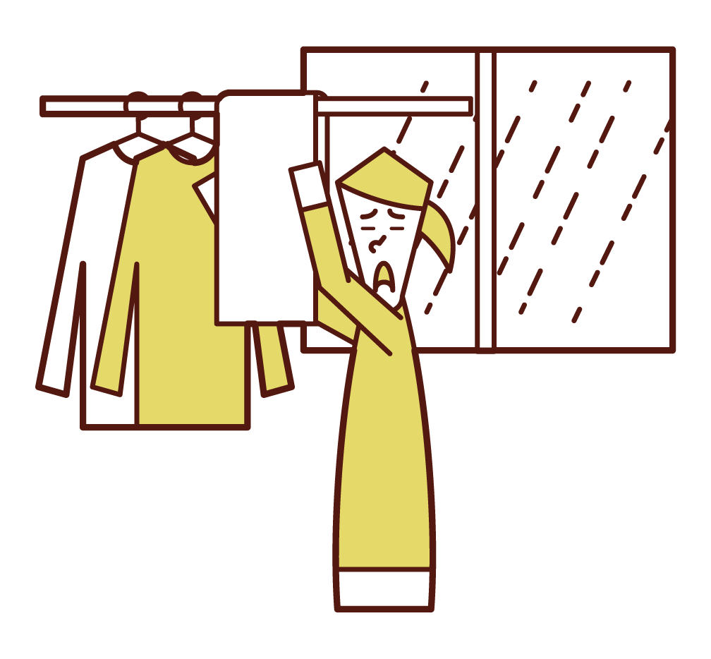 Illustration of a woman drying laundry indoors