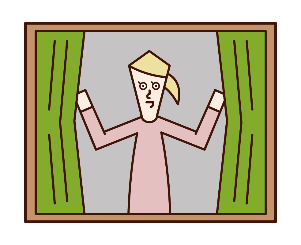 Illustration of a woman opening a curtain