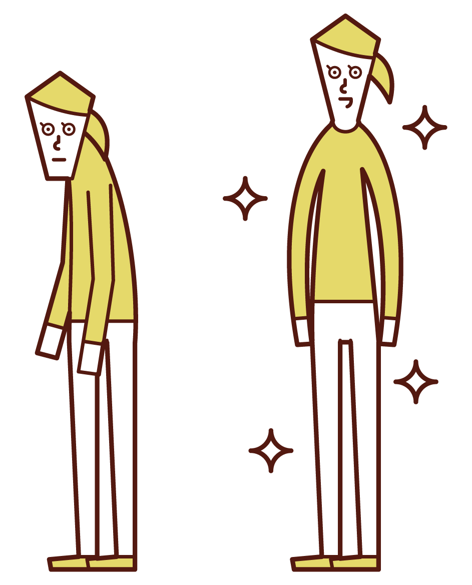 Illustration of a person with a cat back and a person with a good posture (woman)