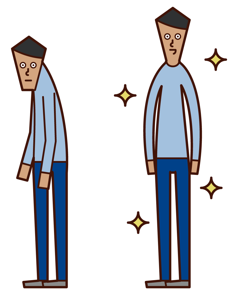 Illustration of a person with a back and a person with a good posture (male)
