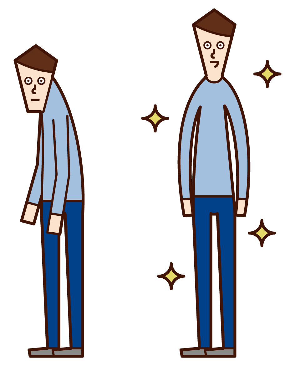 Illustration of a person with a back and a person with a good posture (male)