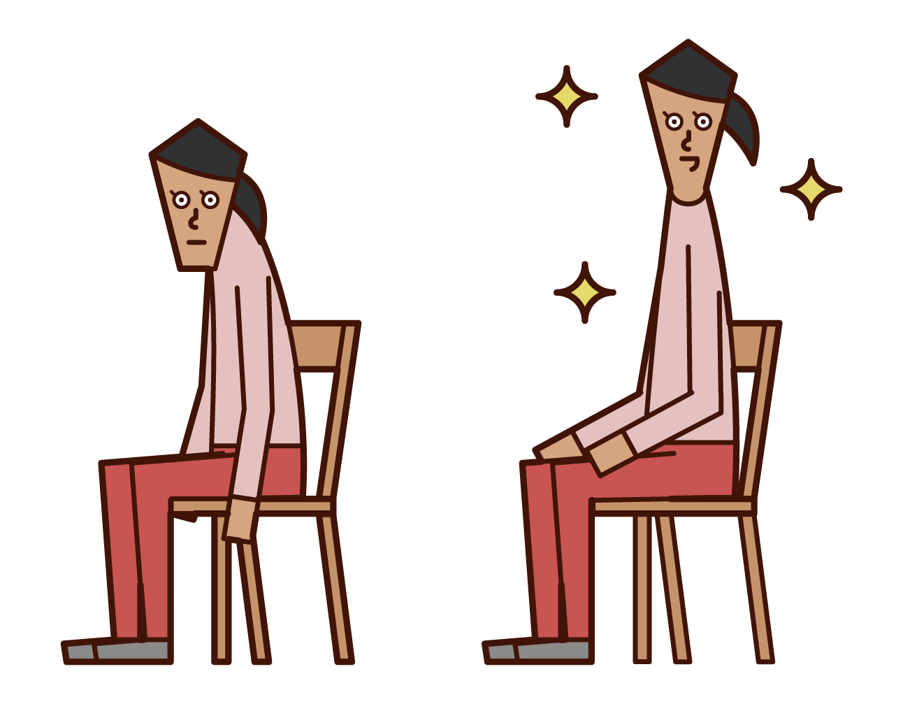 Illustration of a person with a cat back and a person with a good posture (woman)