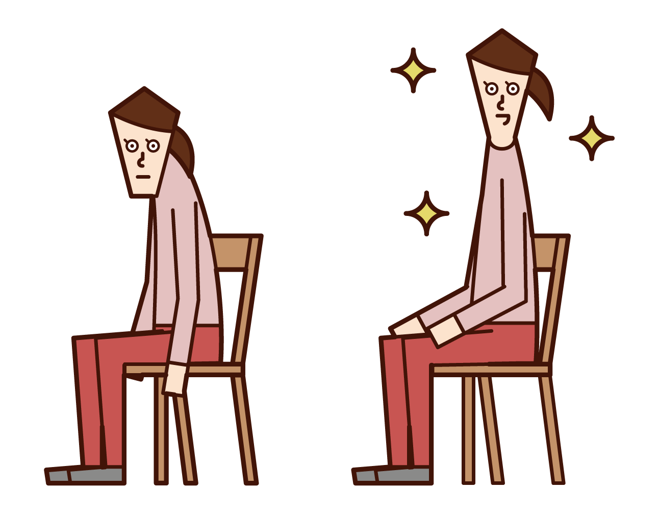 Illustration of a person with a cat back and a person with a good posture (woman)