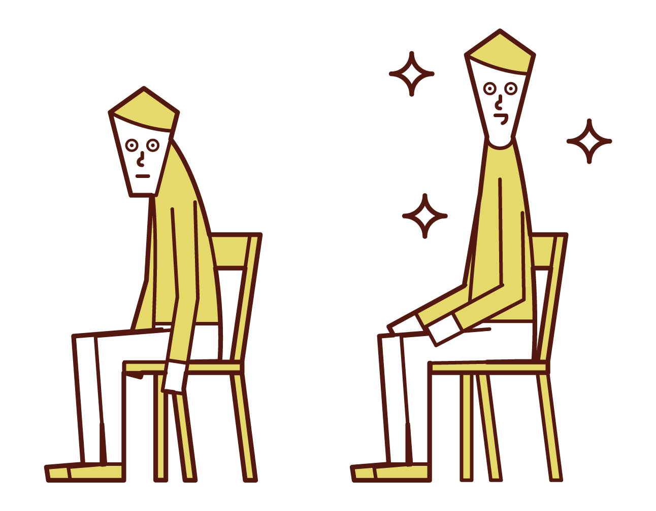 Illustration of a person with a back and a person with a good posture (male)