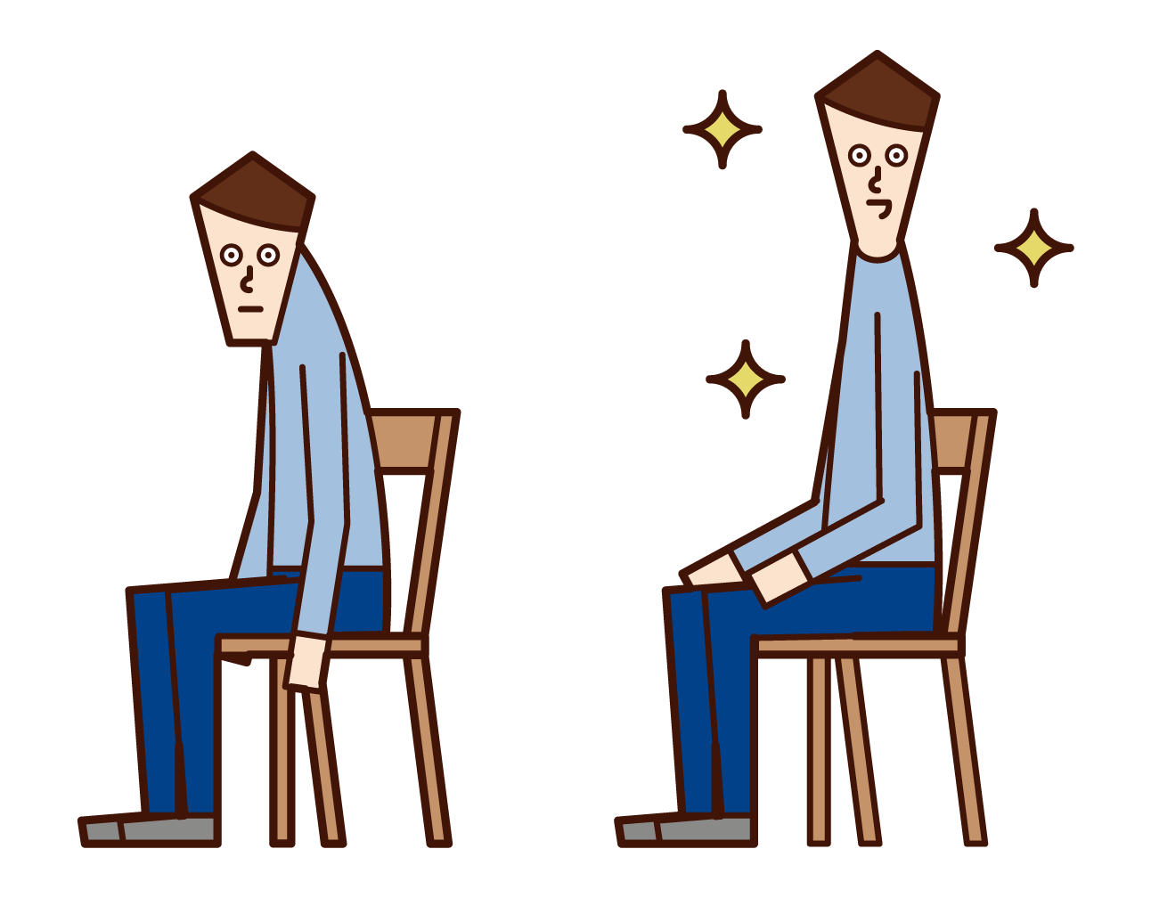 Illustration of a person with a back and a person with a good posture (male)