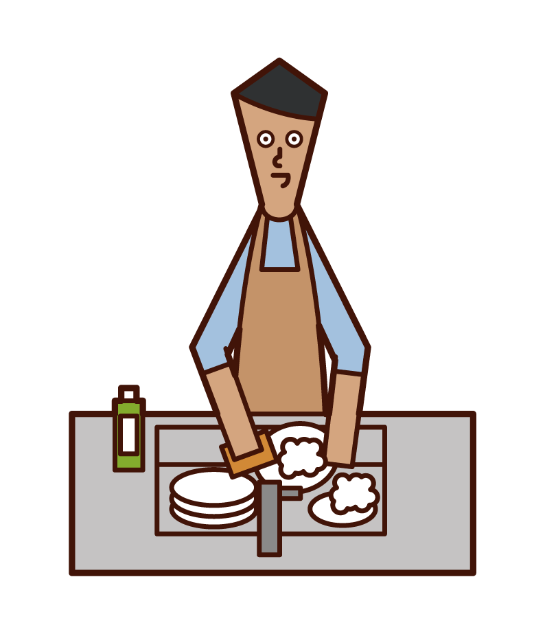 Illustration of a man washing dishes