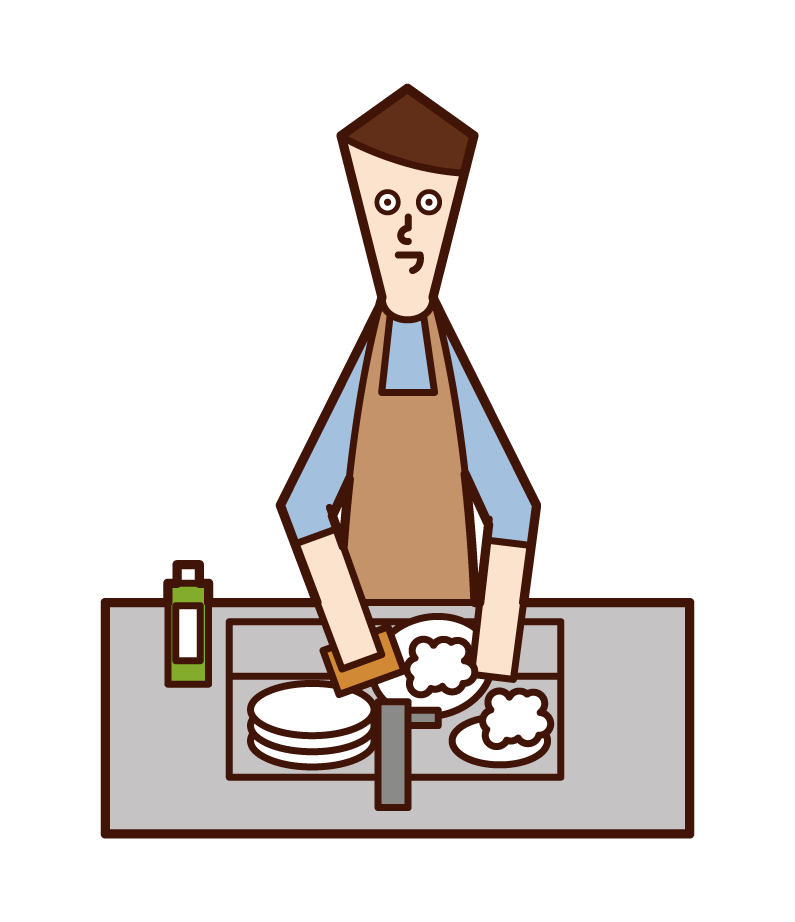 Illustration of a man washing dishes