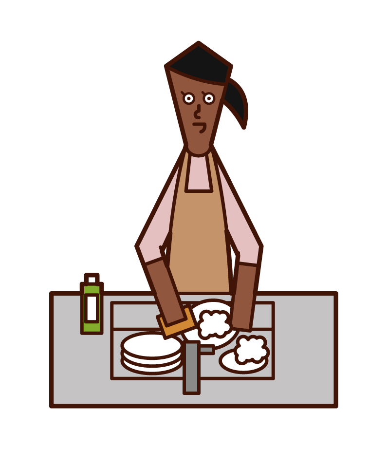 Illustration of a woman washing dishes