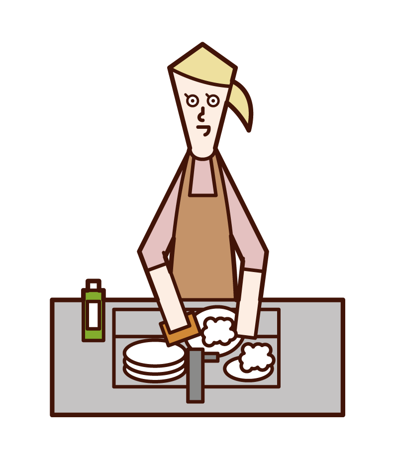 Illustration of a woman washing dishes