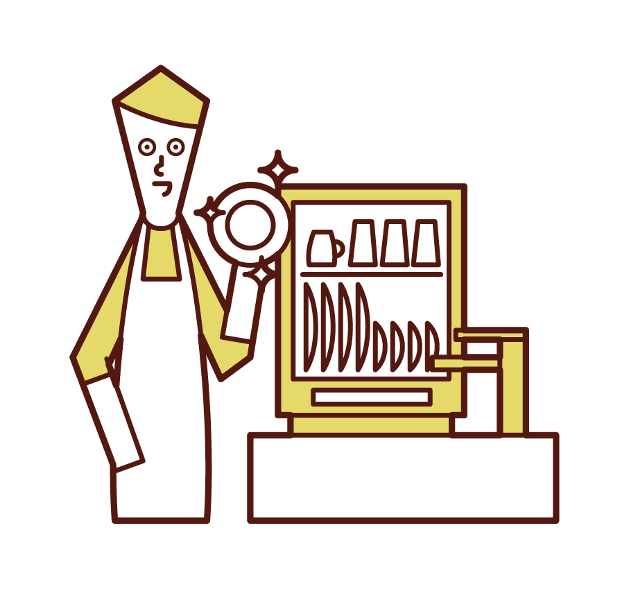 Illustration of a man using a dishwasher