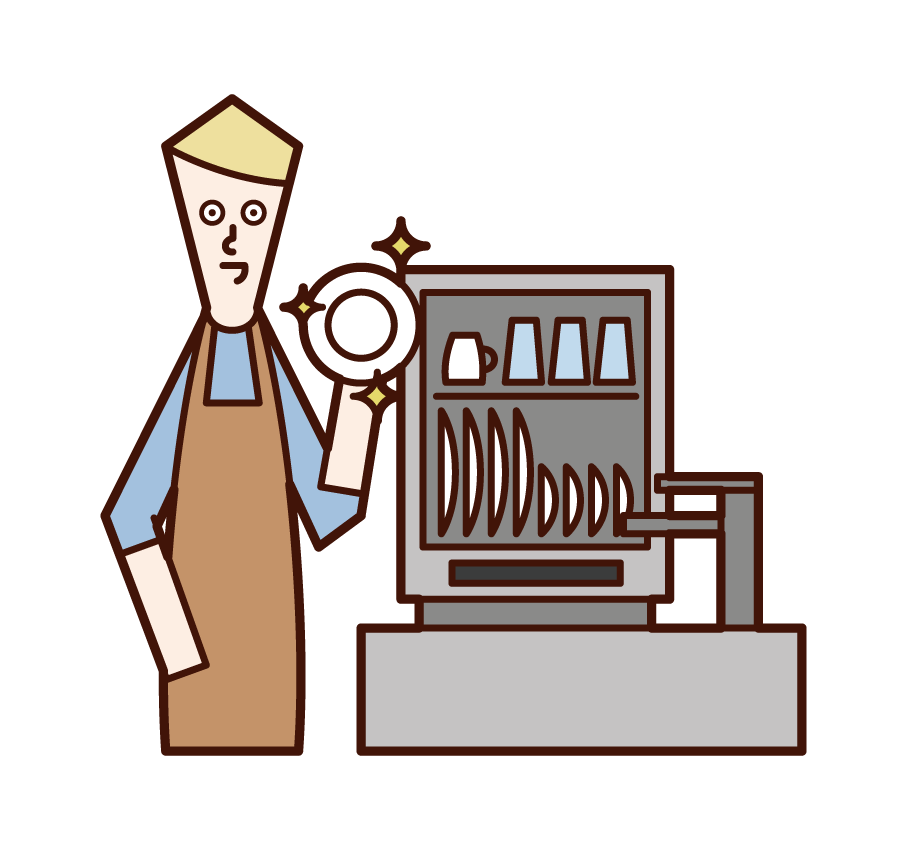 Illustration of a man using a dishwasher