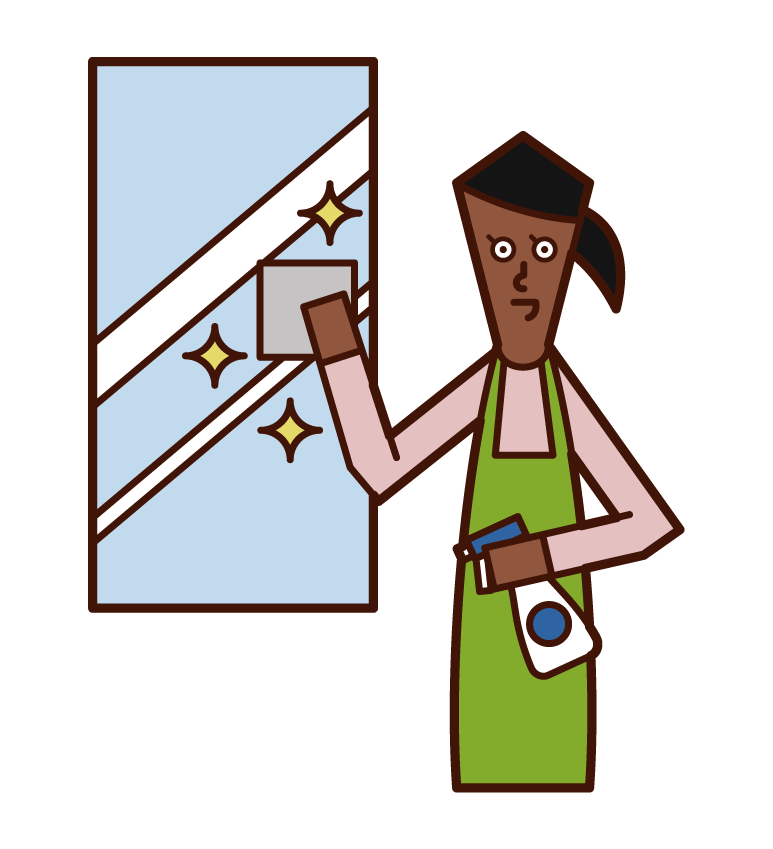 洗面台やお風呂場の鏡を掃除する人（女性）のイラスト