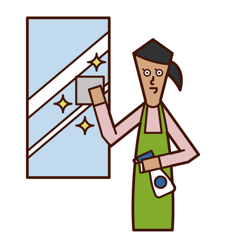 Illustration of a woman cleaning a mirror in a washbas before the bathroom