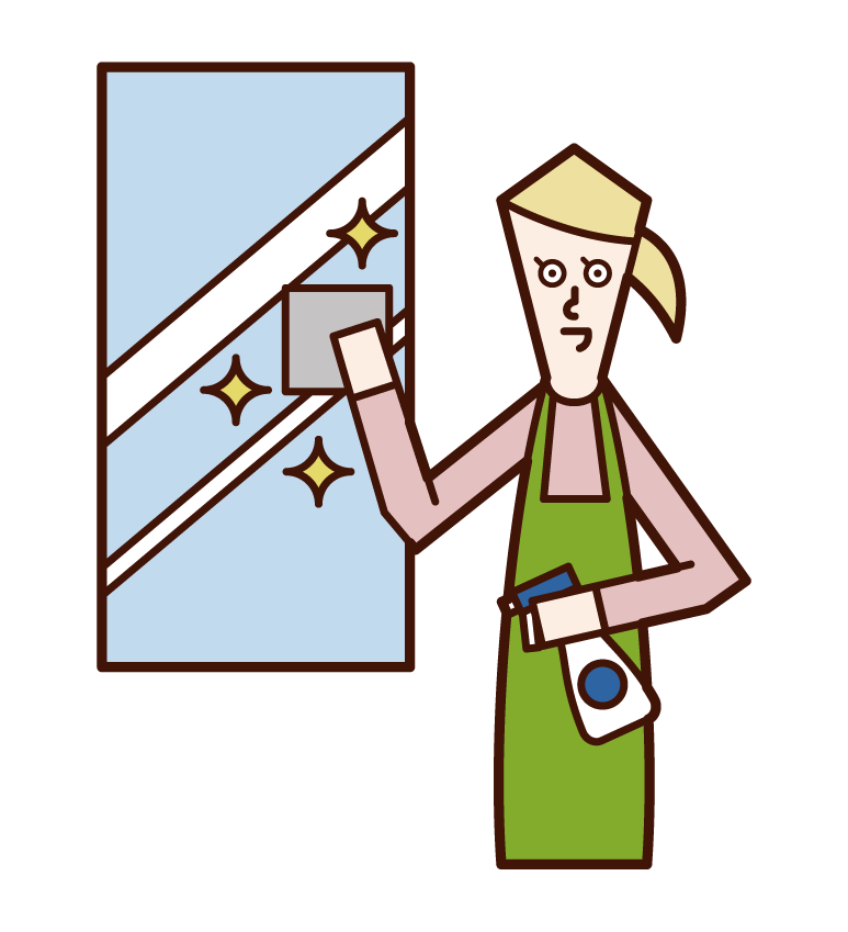 Illustration of a woman cleaning a mirror in a washbas before the bathroom