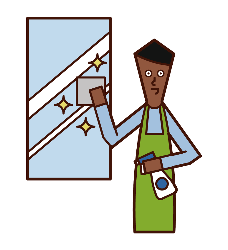 세면대와 욕실 거울을 청소하는 사람 (남성)의 그림