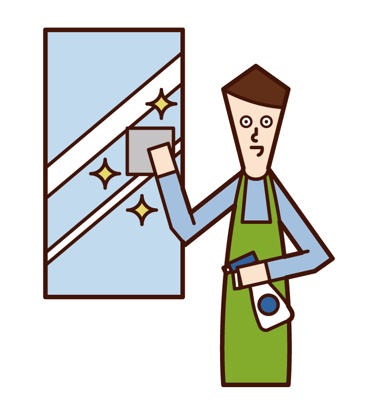 Illustration of a man cleaning a mirror in a washbasied or bathroom