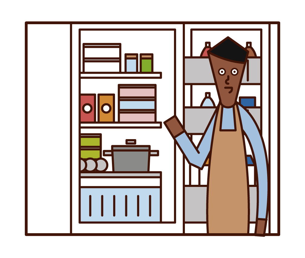 Illustration of a man removing food from a refrigerator