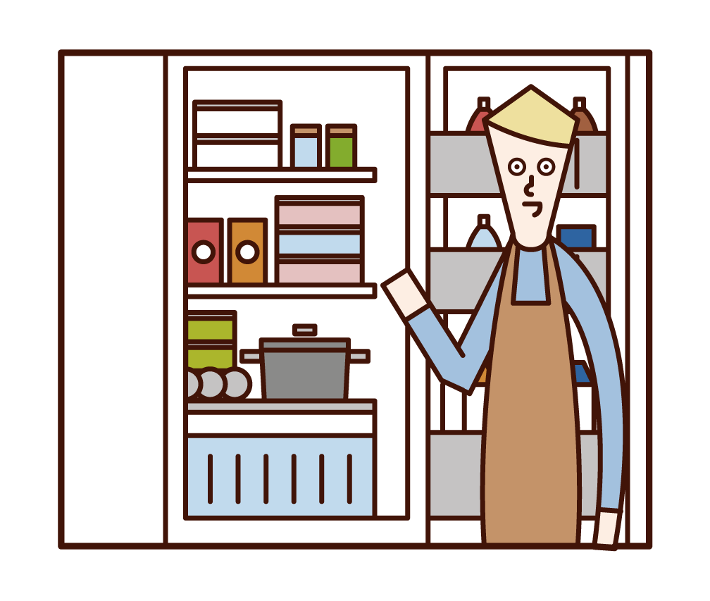 Illustration of a man removing food from a refrigerator