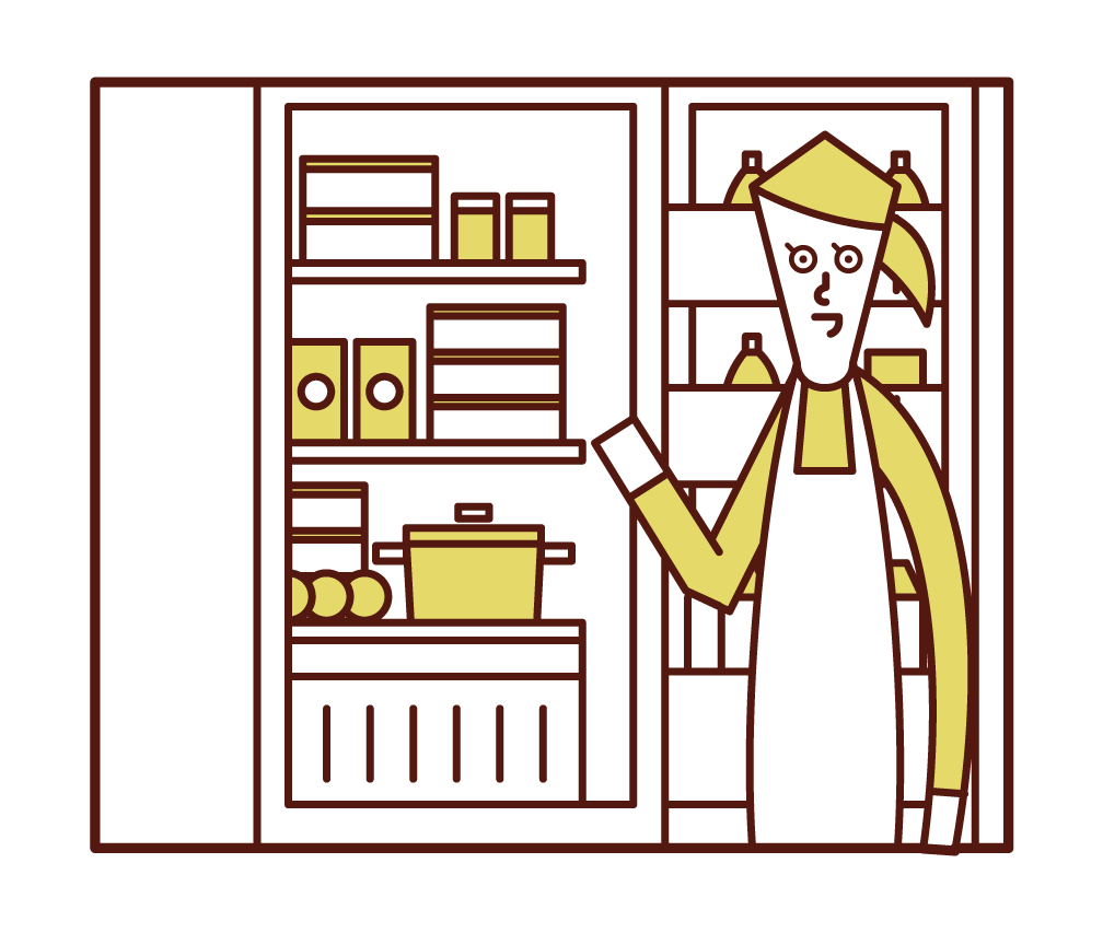 從冰箱裡拿出食物的人（女性）的插圖
