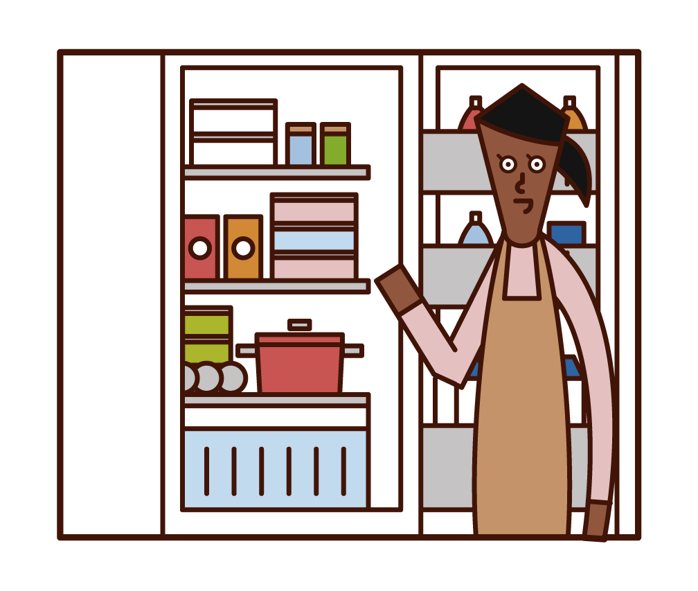 Illustration of a woman taking food out of a refrigerator