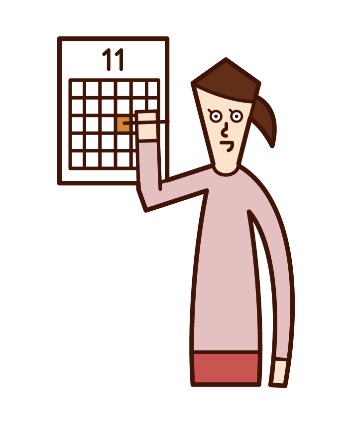 カレンダーにメモをする人（女性）のイラスト