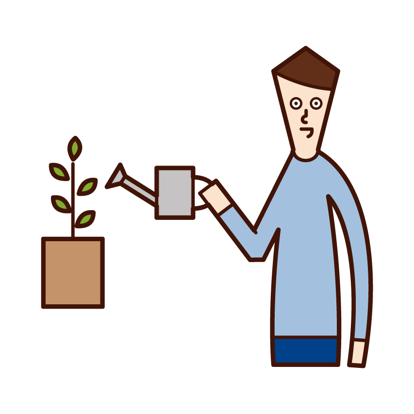 植物に水を与える人（男性）のイラスト