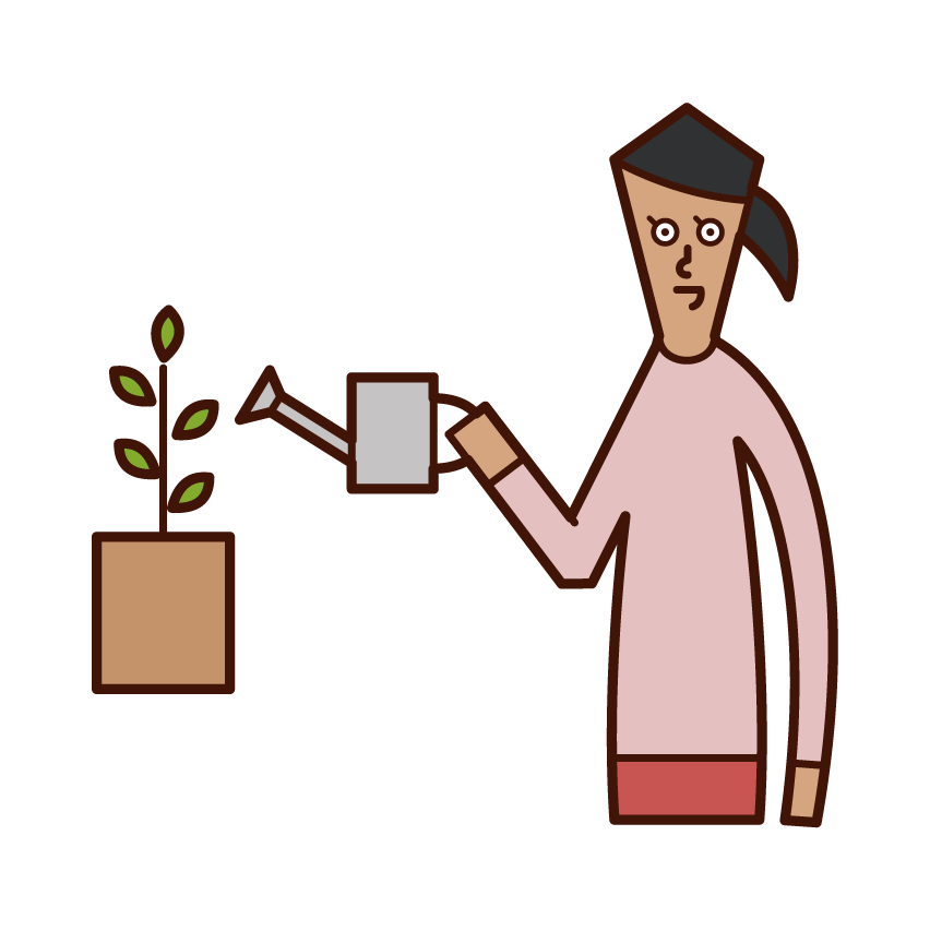 Illustration of a woman who gives water to plants