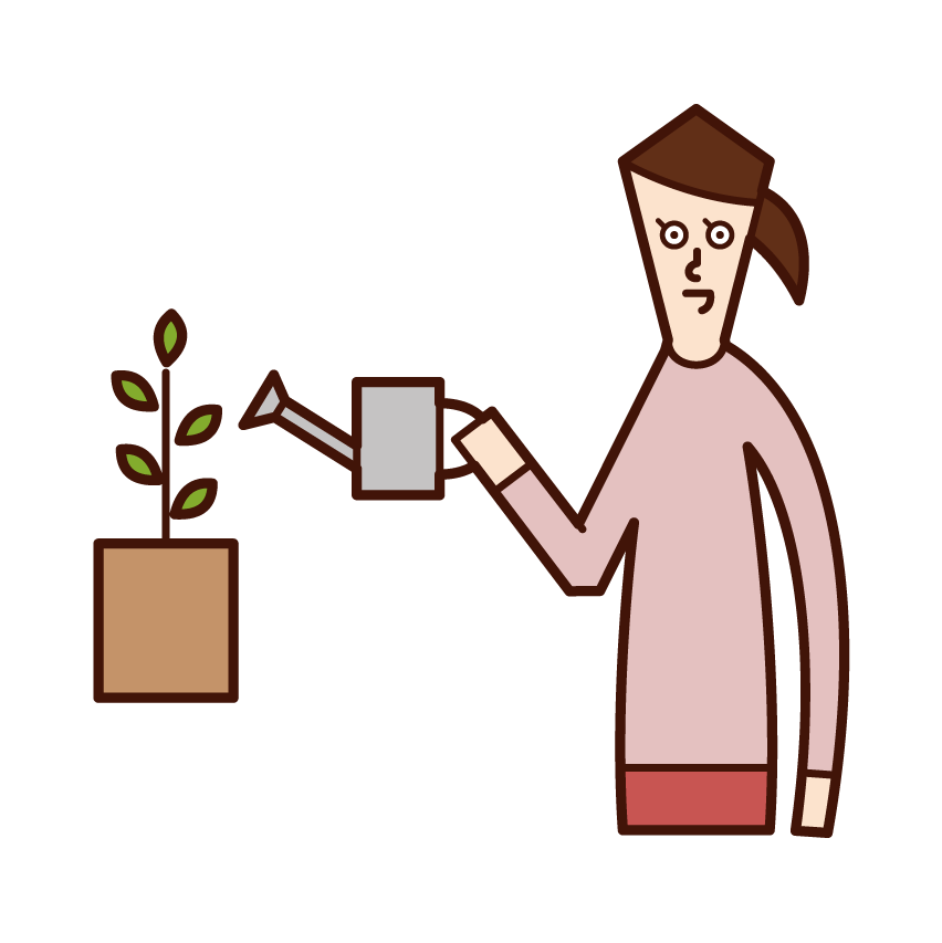 Illustration of a woman who gives water to plants