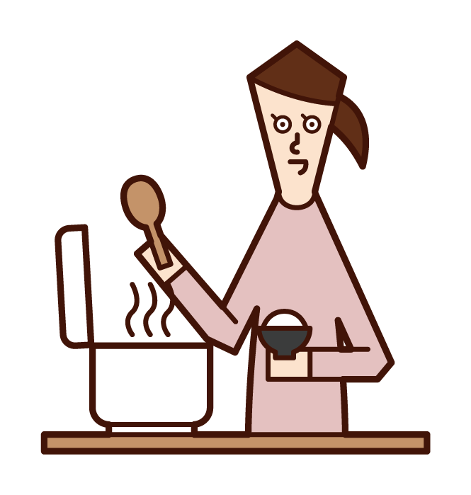Illustration of a woman using a rice cooker