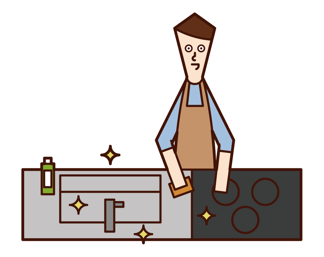Illustration of a man who put detergent and softener in a washing machine