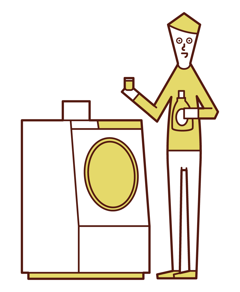 洗濯機に洗剤と柔軟剤を入れる人（男性）のイラスト