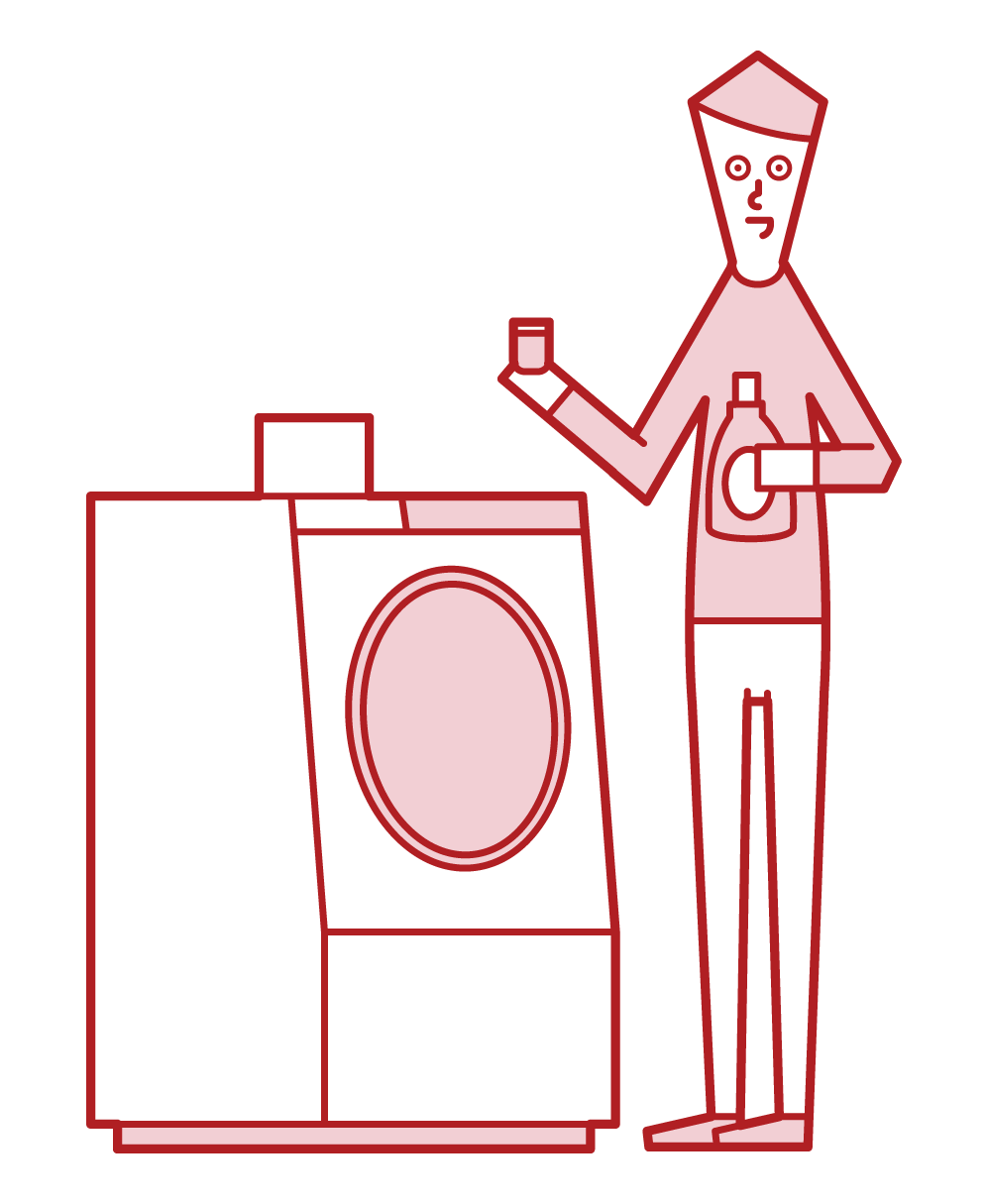 在洗衣機中放入洗滌劑和軟化劑的人（男性）的插圖