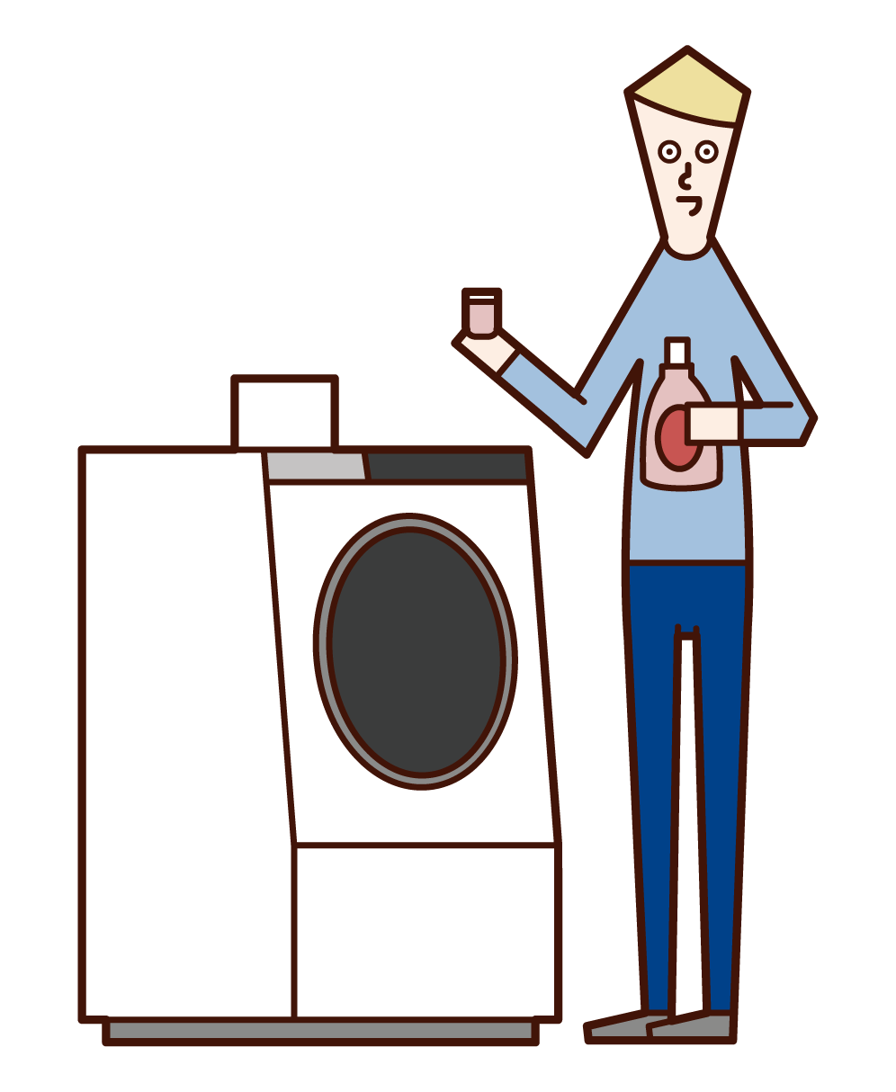 在洗衣機中放入洗滌劑和軟化劑的人（男性）的插圖