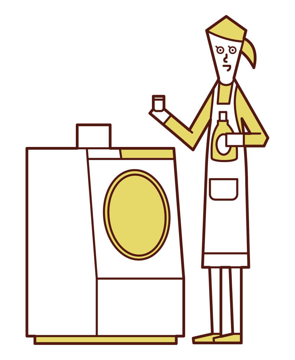 在洗衣機中加入洗滌劑和柔軟劑的人（女性）的插圖