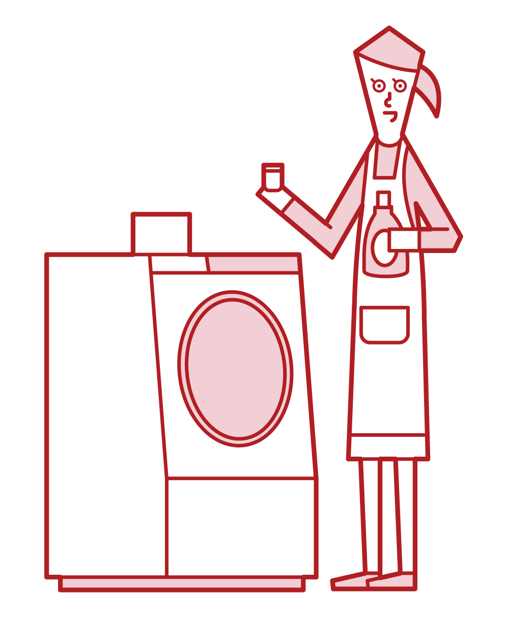 在洗衣機中加入洗滌劑和柔軟劑的人（女性）的插圖