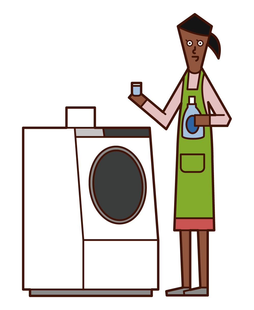 Illustration of a woman who put detergent and softener in a washing machine