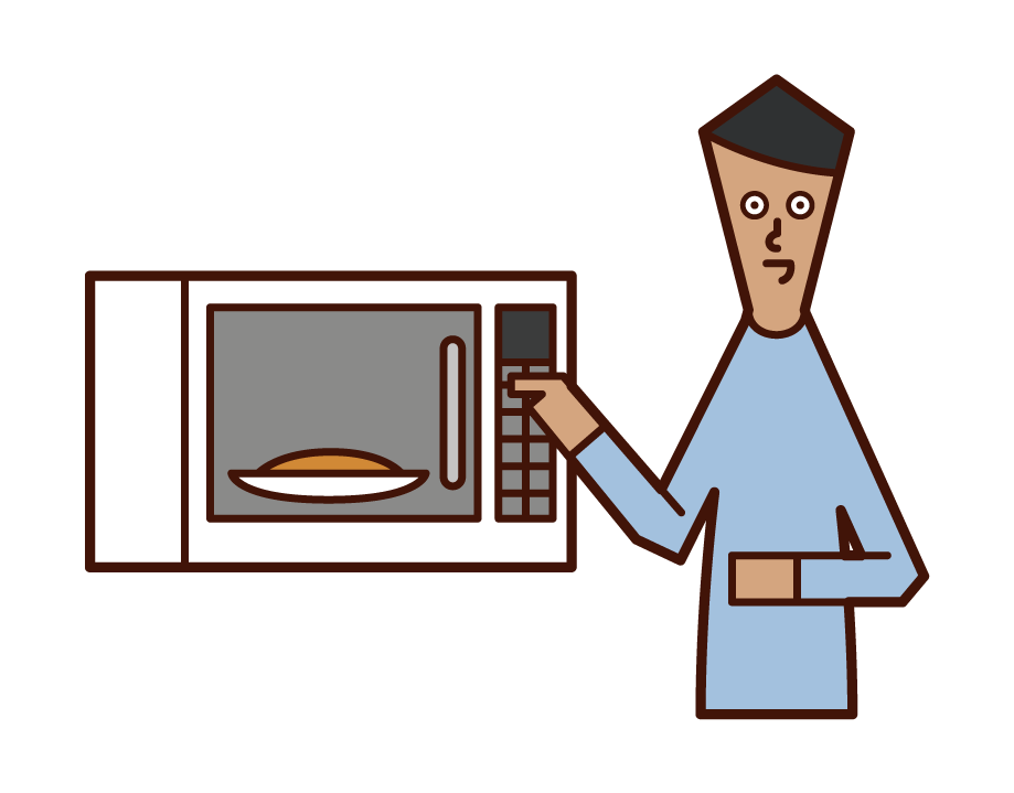 在微波爐中加熱食物的人（男性）的插圖
