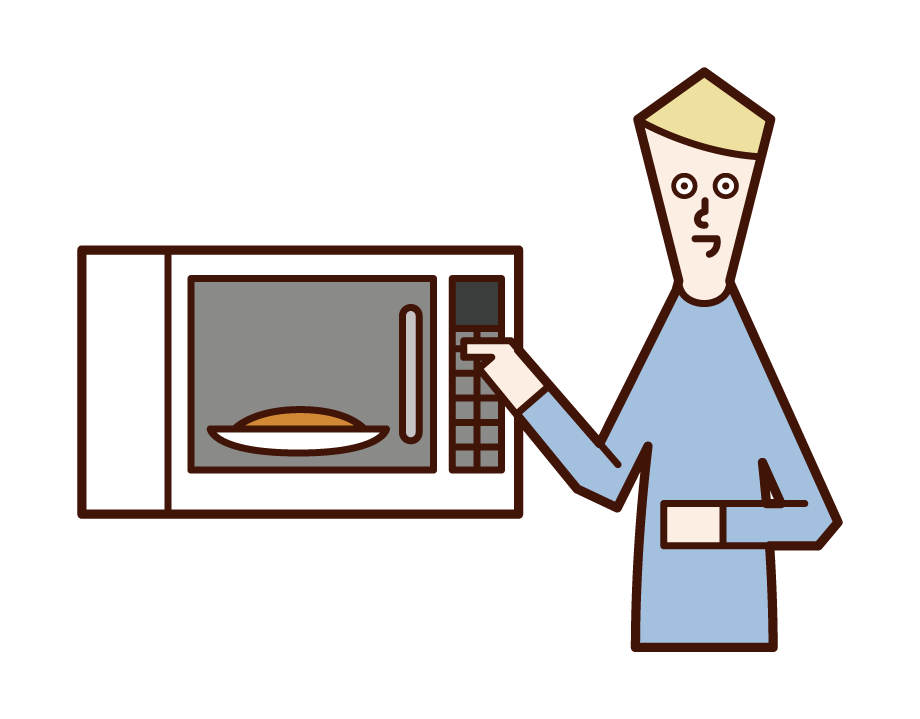 在微波爐中加熱食物的人（男性）的插圖