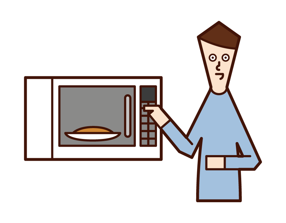 Illustration of a man warming food in a microwave oven