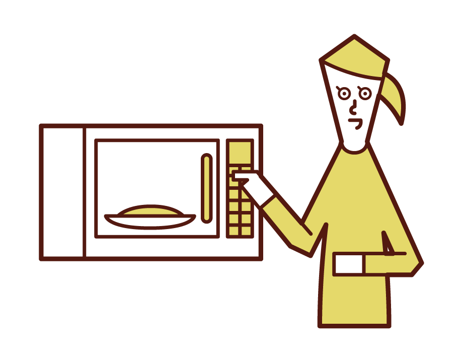 在微波爐中加熱食物的人（女性）的插圖