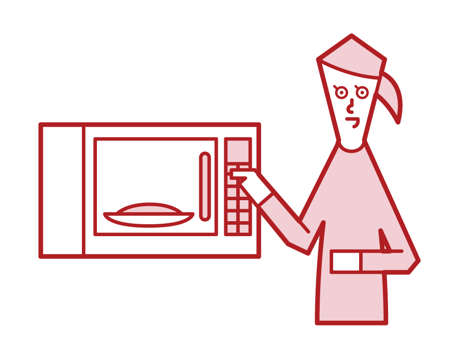 Illustration of a woman warming food in a microwave oven