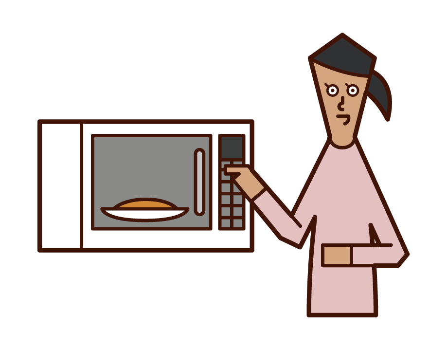 電子レンジで食べ物を温める人（女性）のイラスト