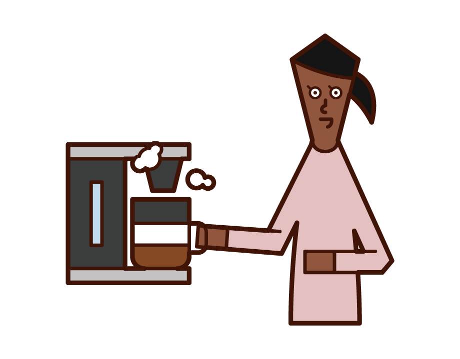 コーヒーメーカーを使う人（女性）のイラスト