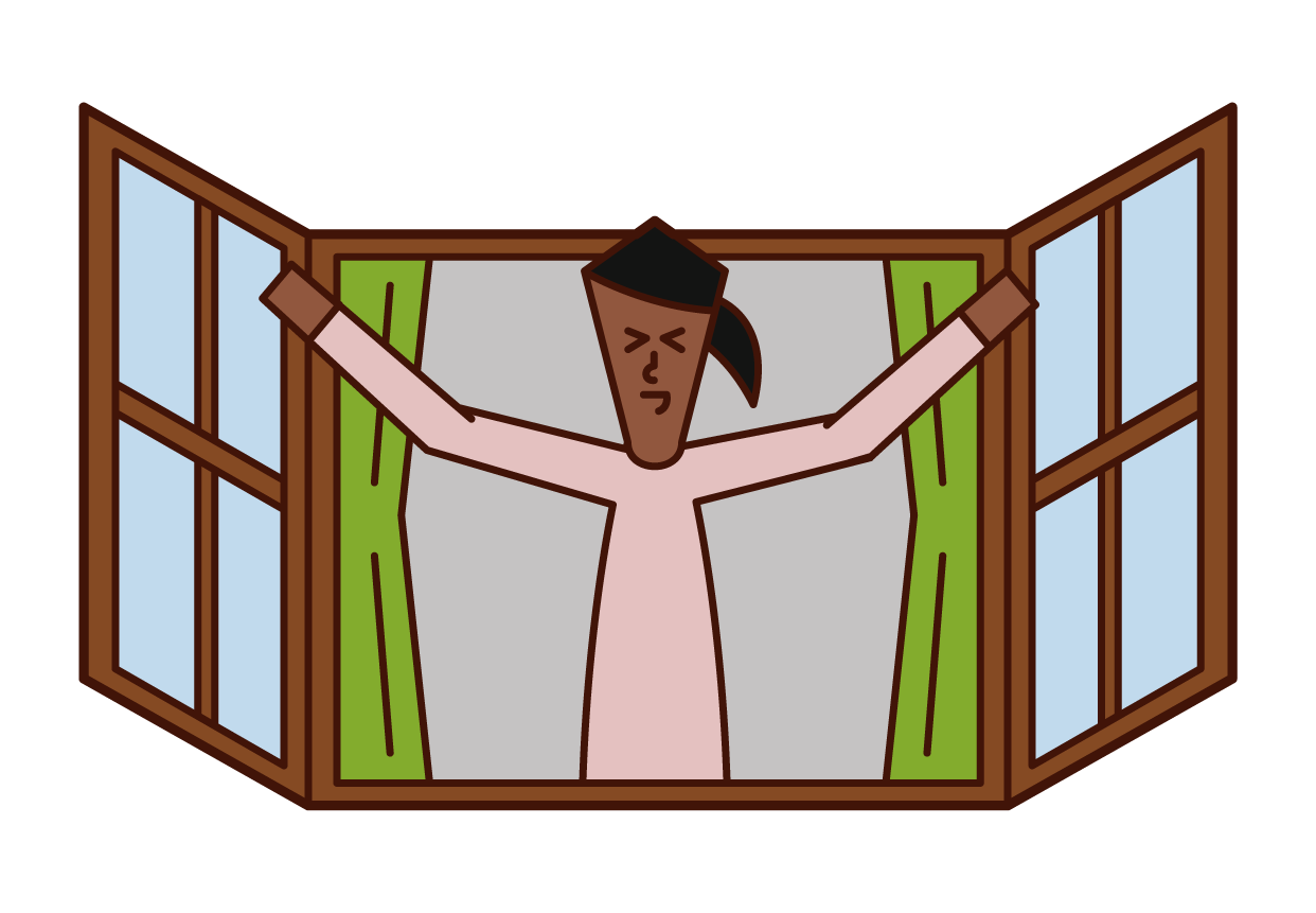 Illustration of a woman who opens a window and bathes in the morning sun