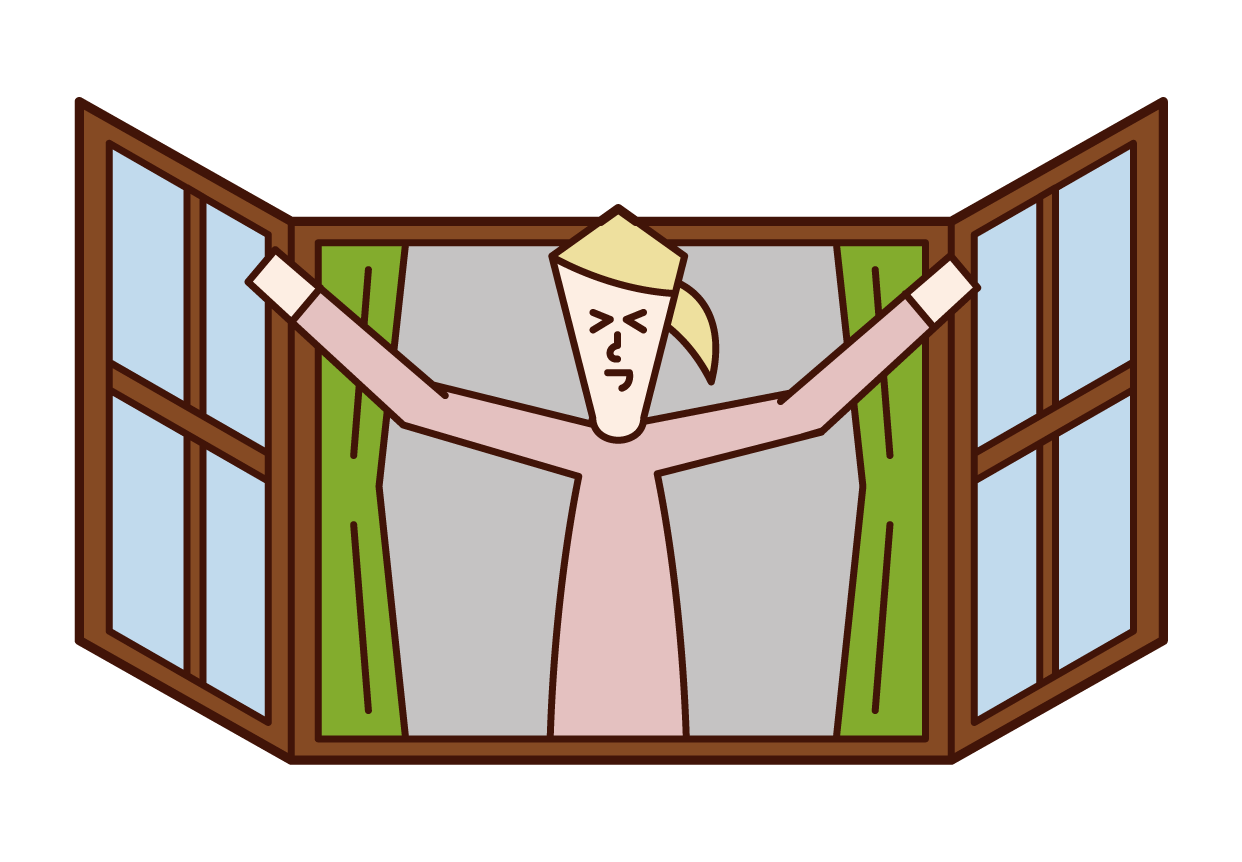 Illustration of a woman who opens a window and bathes in the morning sun