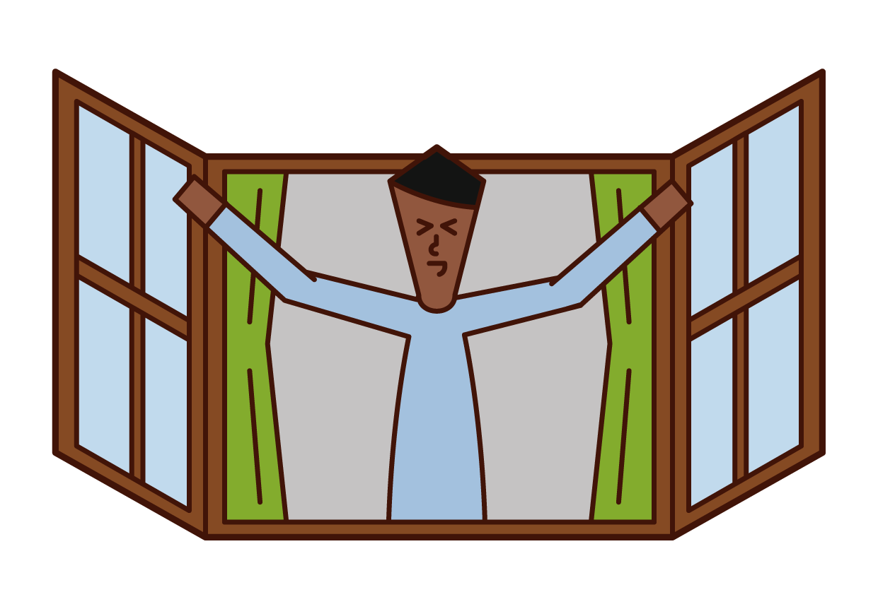 Illustration of a man opening a window and bathing in the morning sun