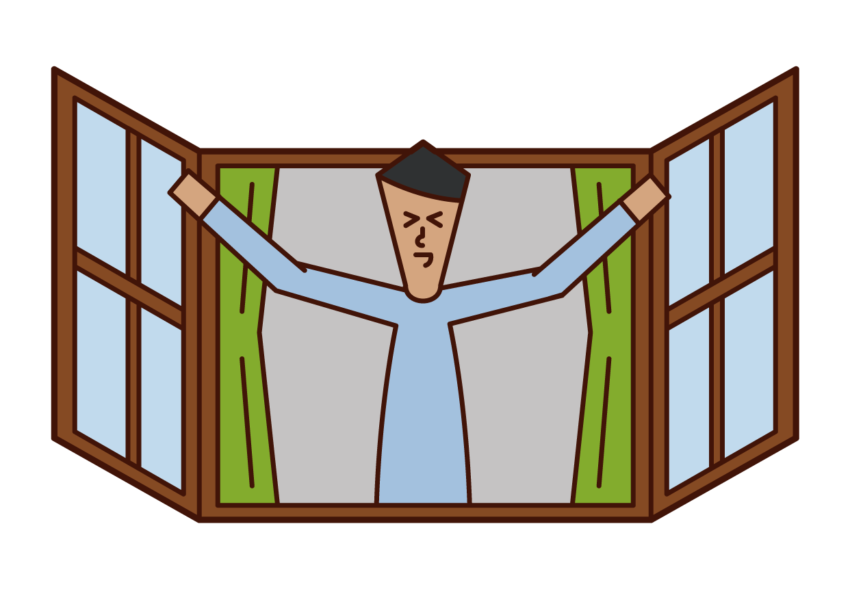 Illustration of a man opening a window and bathing in the morning sun